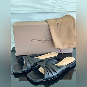 Gianvito Rossi Black Nappa Leather Twist Slide Sandals Size 37 Italy